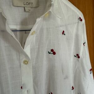 White Button Down Shirt with Embroidered Cherries